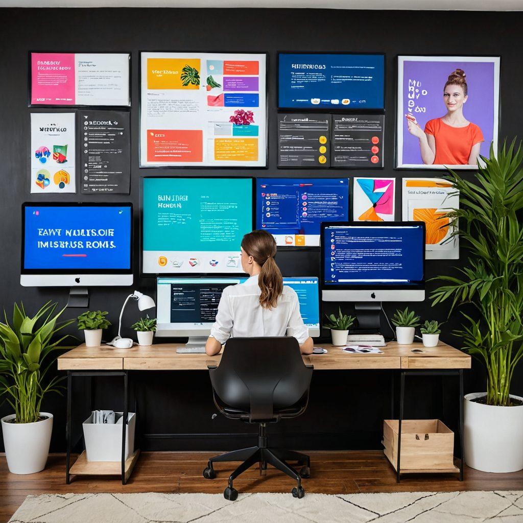 A dynamic scene depicting a blogger at a stylish desk, surrounded by colorful digital screens showcasing engaging interactive elements like polls and comments. The room is filled with vibrant plants and decor, representing creativity and communication. The atmosphere is energetic, inviting the viewer to envision a thriving online community. super-realistic. vibrant colors. modern design.