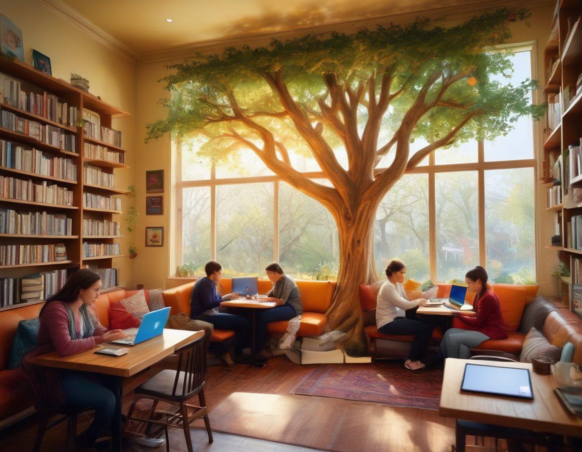 A diverse group of people sitting in a cozy coffee shop, each absorbed in their laptops, creating digital stories. The warm ambiance features bookshelves and art, with a large mural of a storytelling tree entwined with technology. Light filters through large windows, casting a soft glow on their focused faces, symbolizing creativity and connection. Include elements of digital devices like tablets and smartphones to convey the online aspect. vibrant colors. cozy atmosphere. modern illustration.